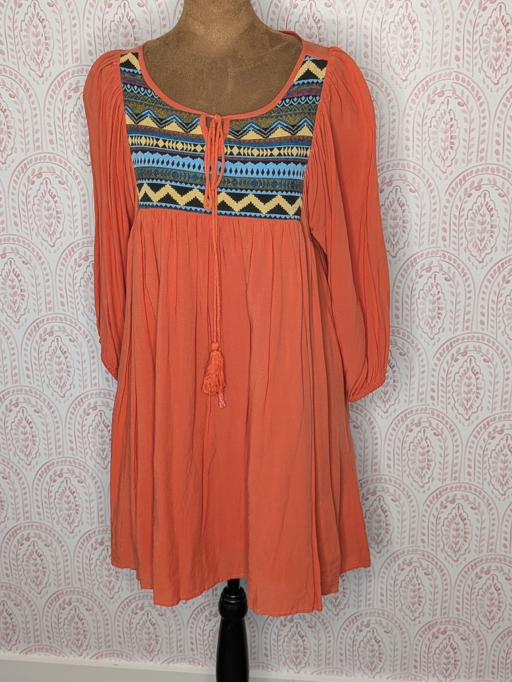 JODIFL Coral Embroidered Long Sleeve Peasant Dress S